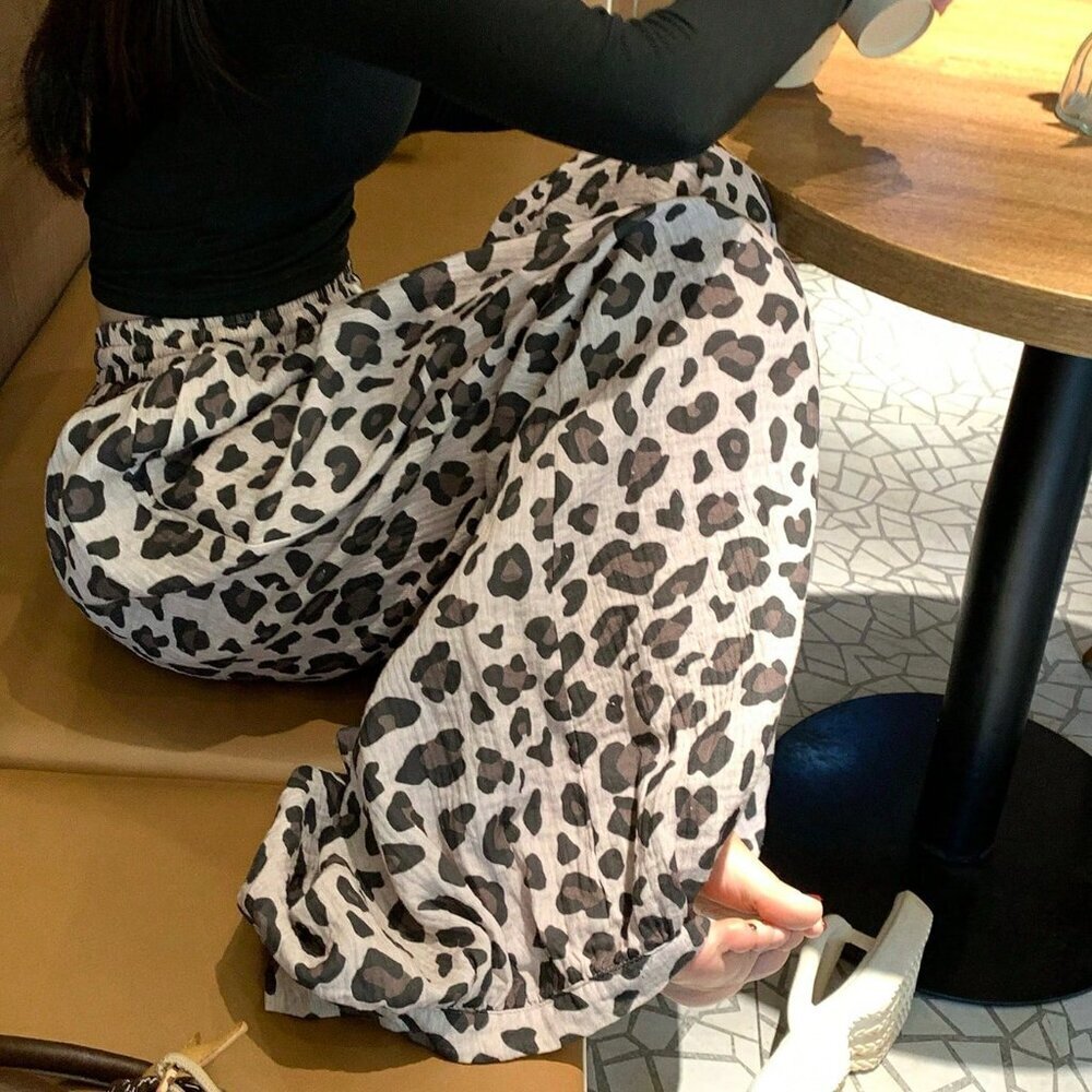 Coffee Brown Casual Women's Loose Fit Leopard Print Pants